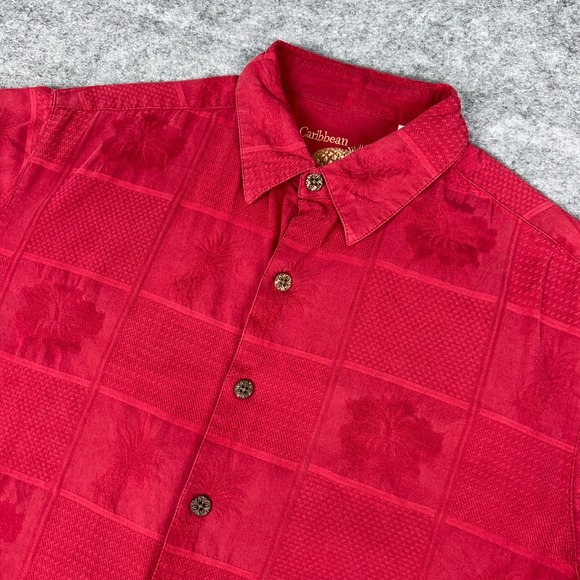 Caribbean Shirt Mens Large Red Silk‎ Blend Jacquard Hawaiian Aloha Beach Resort - Picture 1 of 11